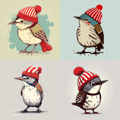 bird, wren, Wearing a Wheres waldo red and white striped bobble hat, horizontal stripes, vector, cartoon, in a cafe